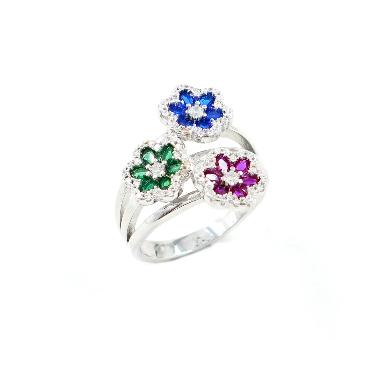 Anello in argento con tre fiori e zirconi rossi blu verdi – Rodiato eden gioielli